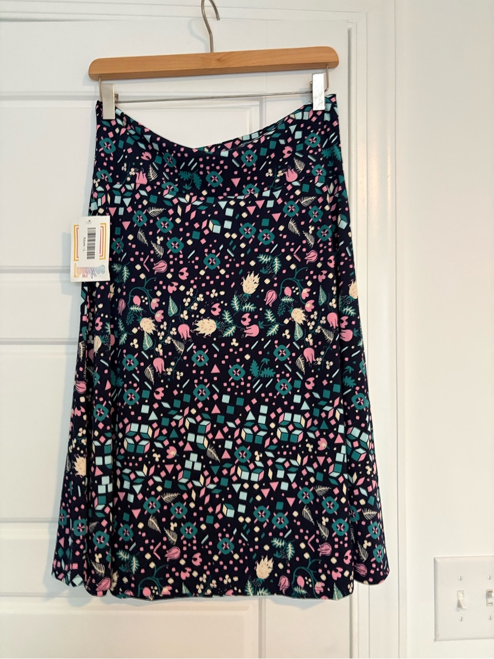 LulaRoe Women's A-Line Floral Geometric Skirt - Navy with Pink & Teal